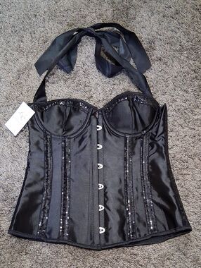 Daisy Corsets Black Satin Pushup Halter Corset - Sequins - L - Underwire